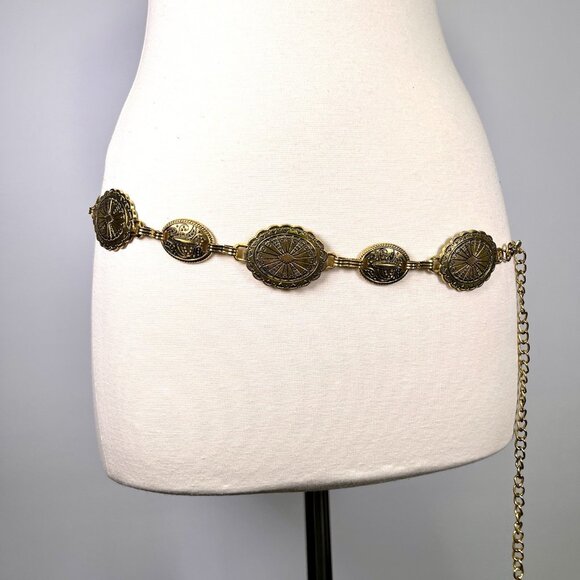 VTG 70s Gold Tone Medallion Concho Chain Waist Belt Boho Hippie Festival 26-40” main image 4